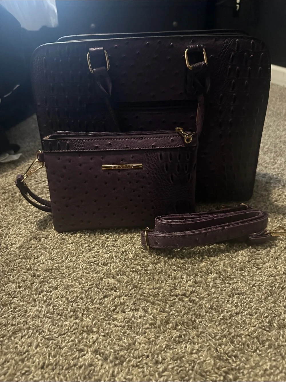 Structured Croc-Embossed Satchel in Plum with Gold Accents